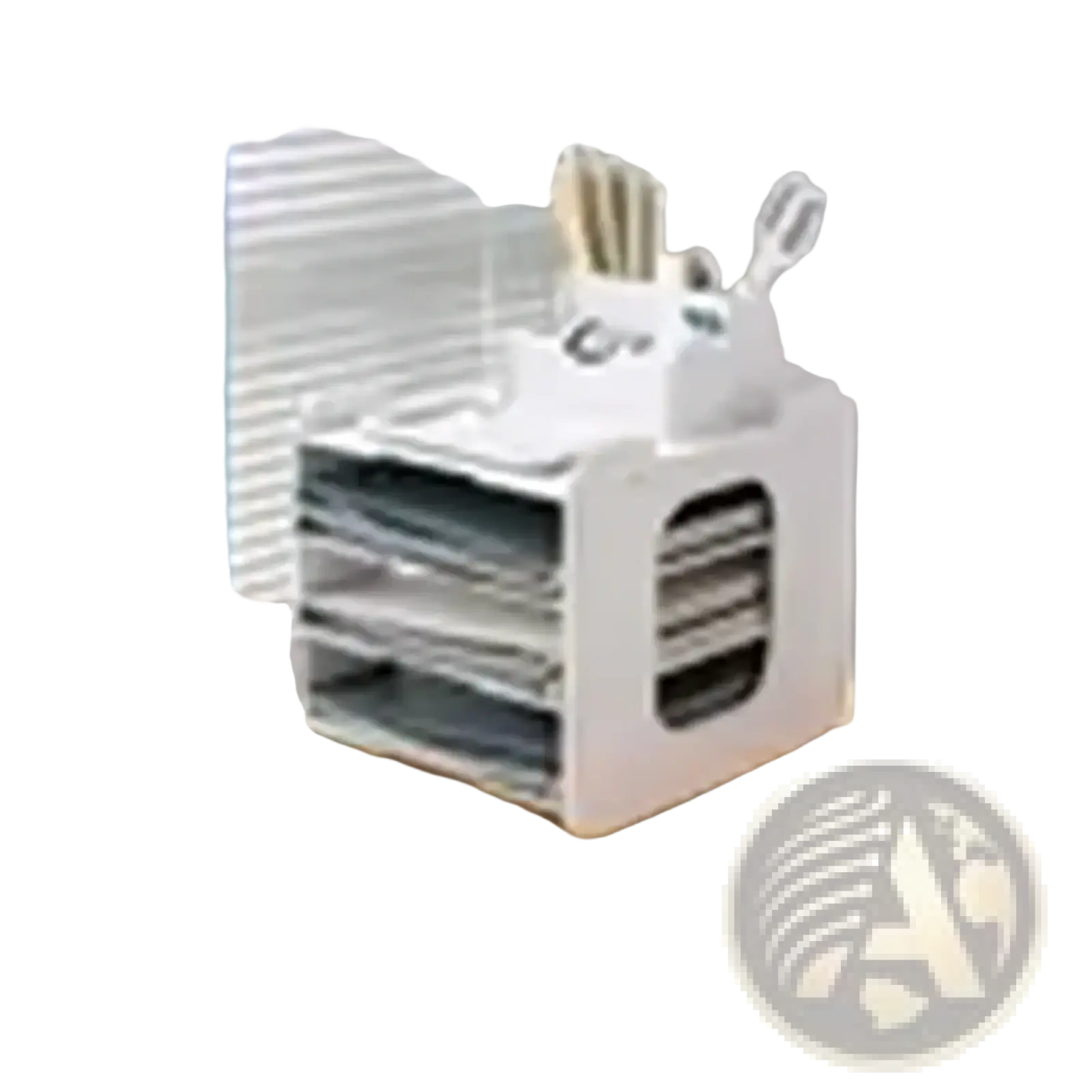 White plastic multi-tiered desktop file organizer with integrated pen and scissors holder for office storage