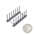 Gray metal plastic dish drain rack with two parallel rows of vertical tubes for kitchen organization