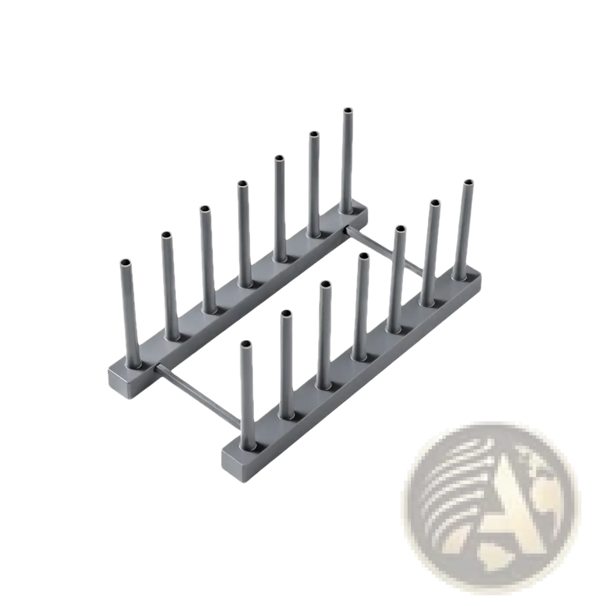 Gray metal plastic dish drain rack with two parallel rows of vertical tubes for kitchen organization
