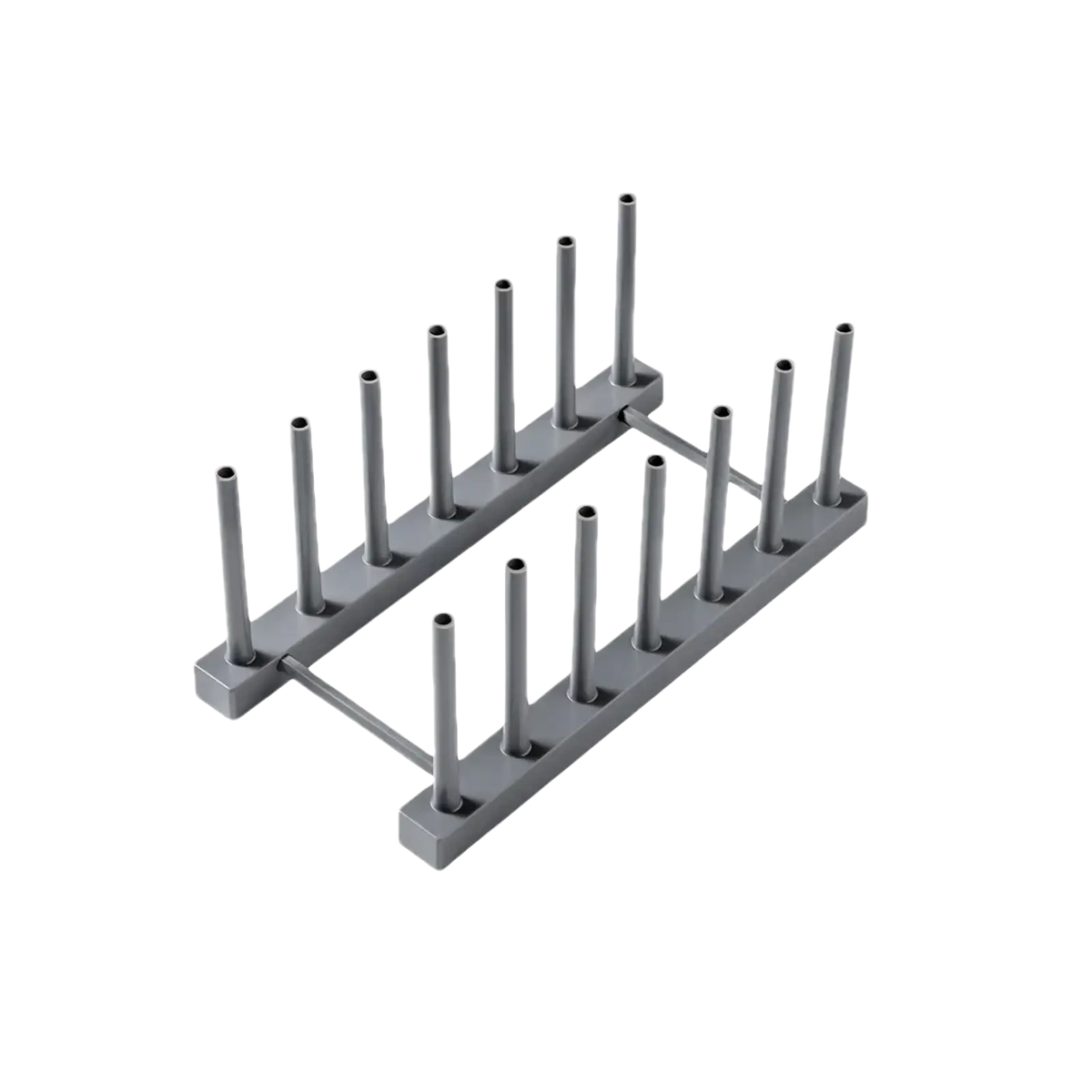 Gray metal plastic dish drain rack with two parallel rows of vertical tubes for kitchen organization