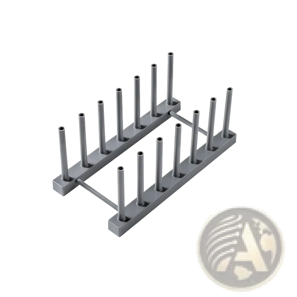 Gray plastic dish drain rack and kitchen organizer with ten vertical slots for organizing cutlery
