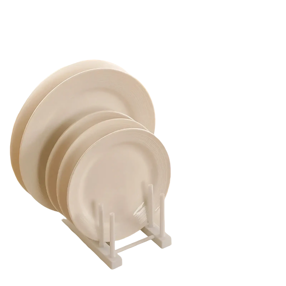 White plastic dish drain rack and kitchen organizer holding stacked plates for efficient drying and storage