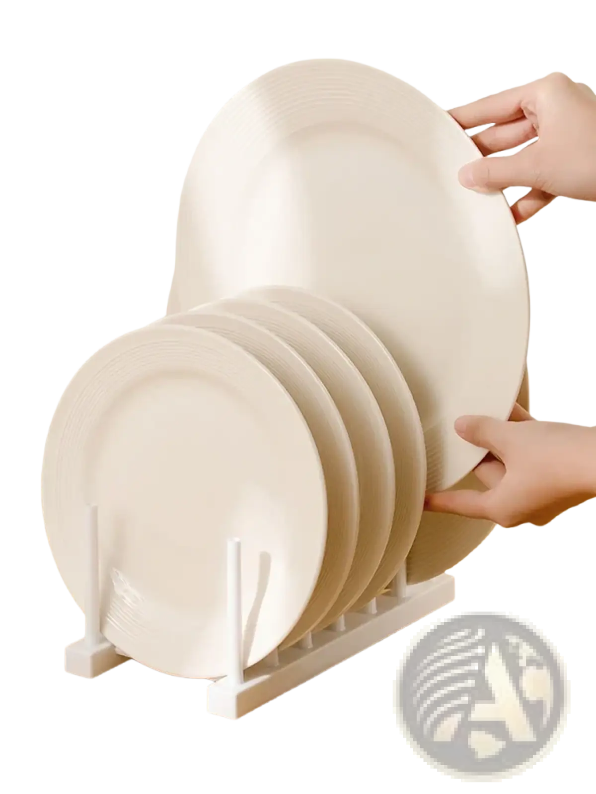 White ceramic plates with subtle ridges stacked on a minimalist white plastic dish drain rack and kitchen organizer