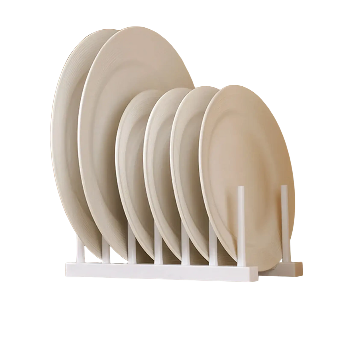 White plastic dish drain rack holding five off-white ceramic plates for kitchen organization and drying
