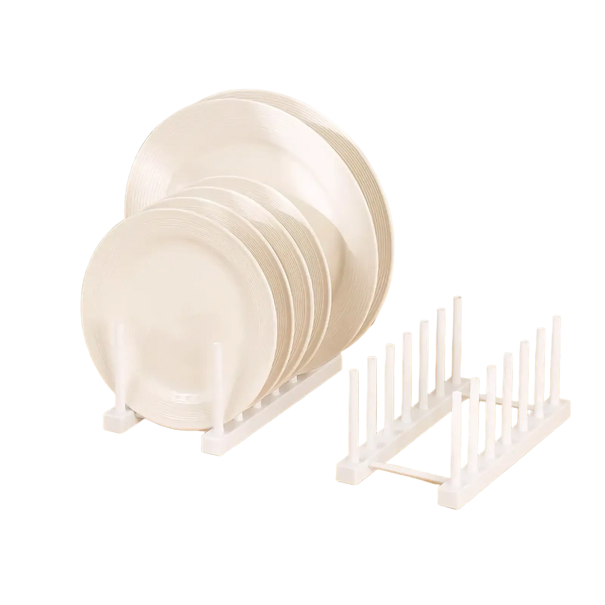 White plastic dish drain rack with vertical slots for drying plates and kitchen organization use
