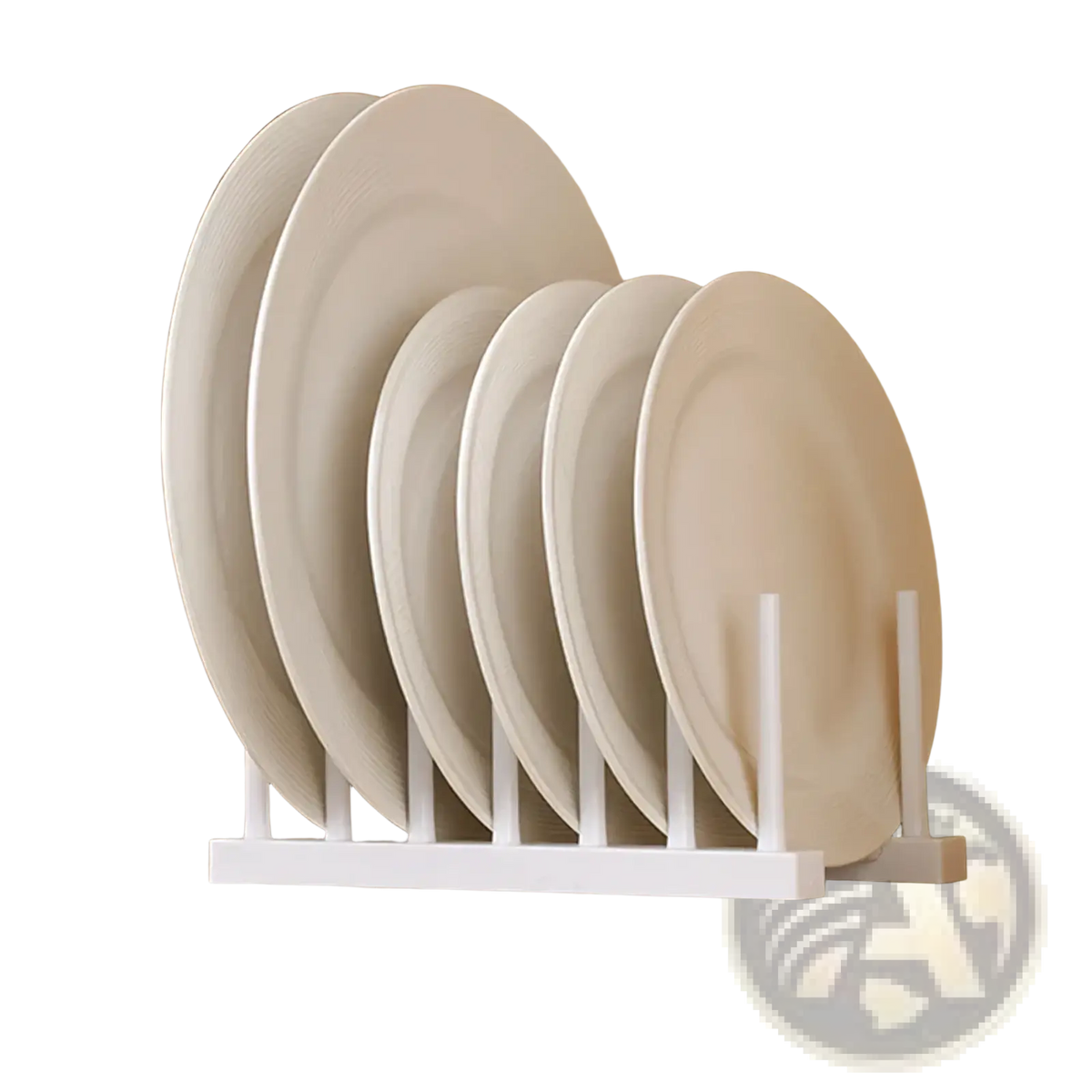 White plastic dish drain rack holding five off-white ceramic plates for kitchen organization and drying