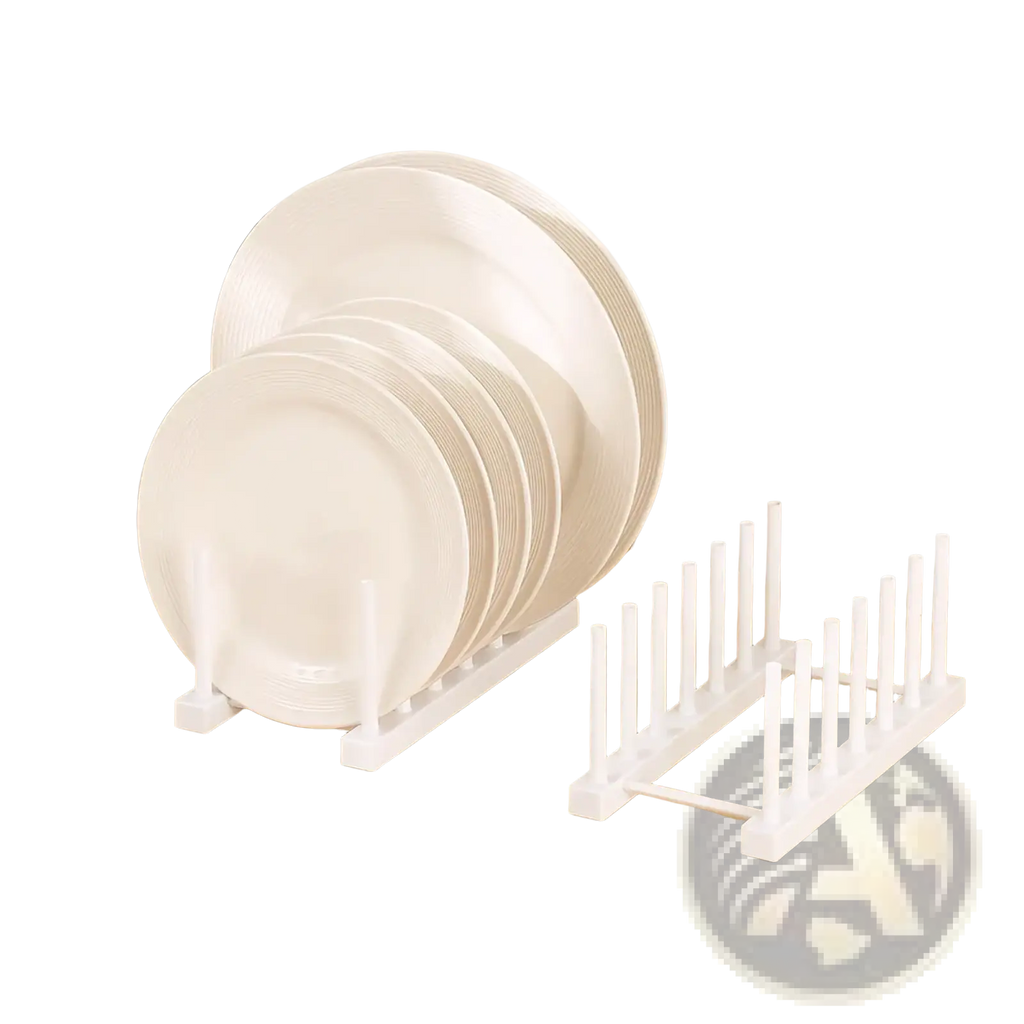 White plastic dish drain rack with vertical slots for drying plates and kitchen organization use