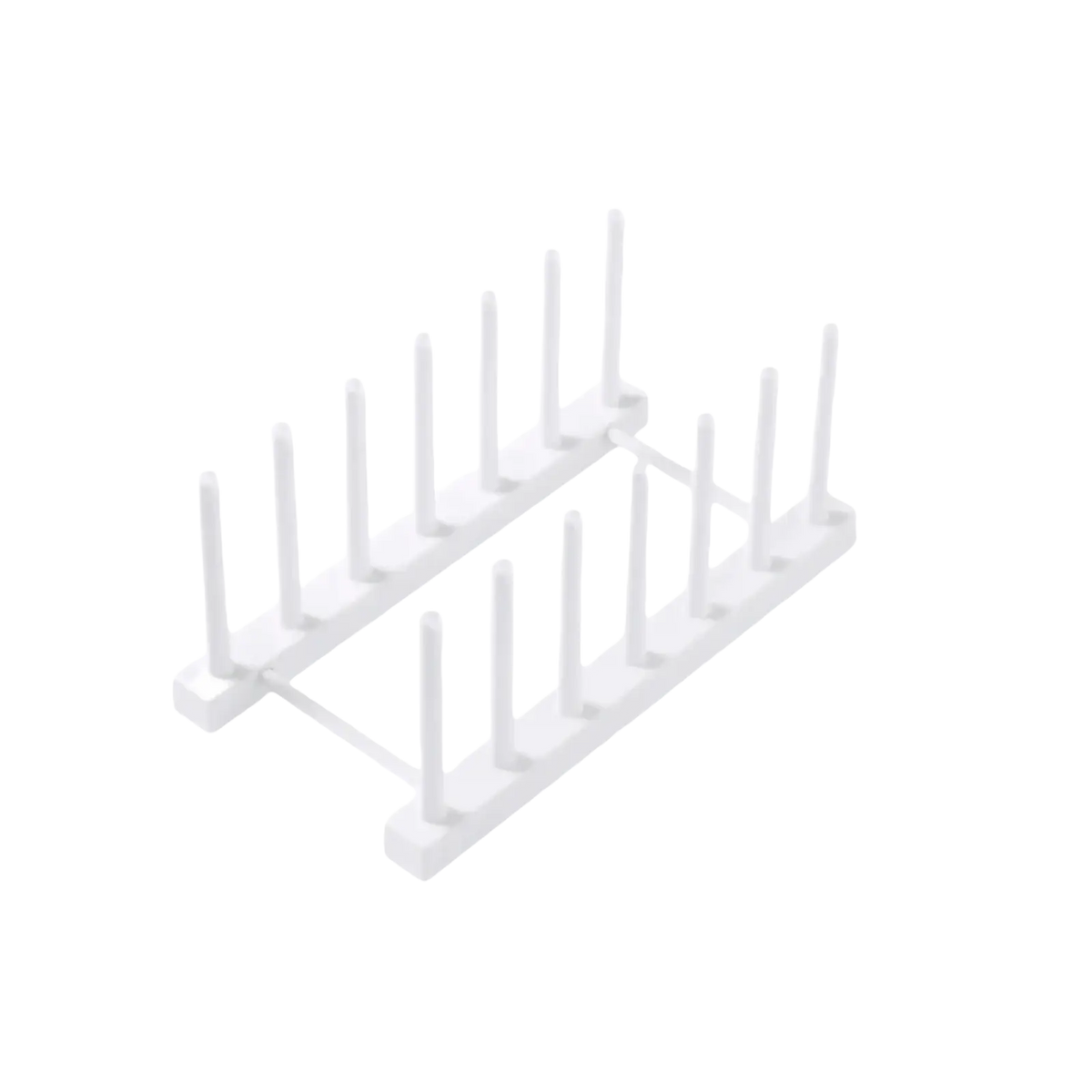 White plastic dish drain rack with multiple vertical slots for organizing cutlery and kitchen utensils