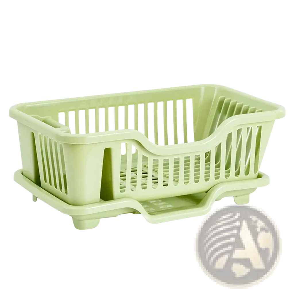 Light green plastic dish drainer with slatted design and integrated base for stability and countertop storage