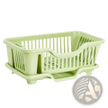 Light green plastic dish drainer with slatted design and integrated base for stability and countertop storage