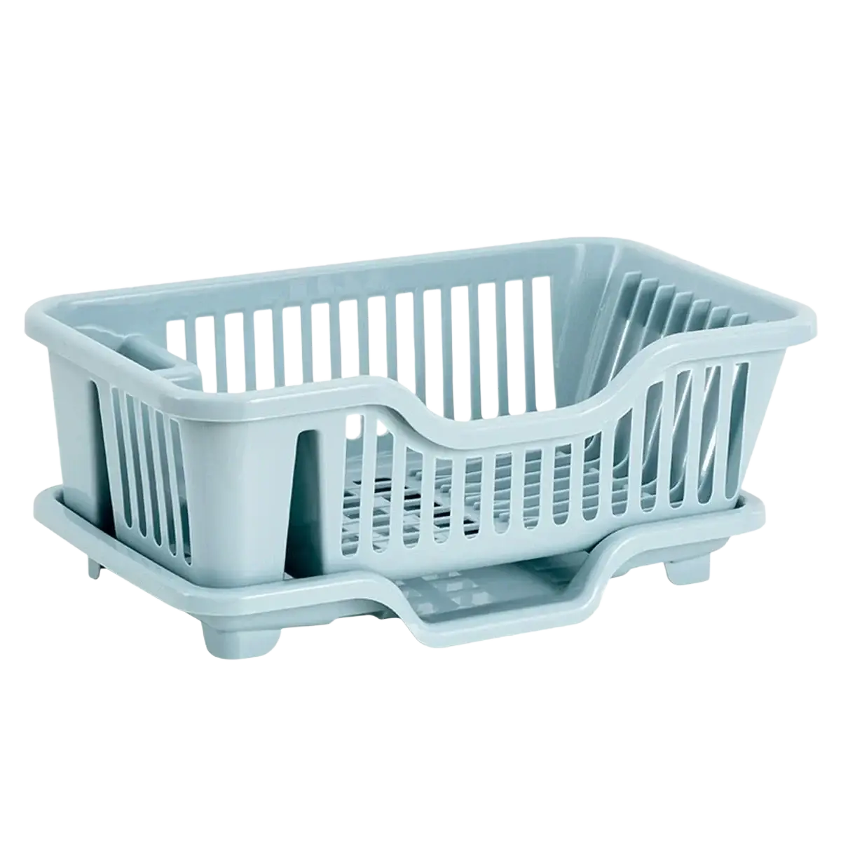 Light blue plastic dish drainer with vertical slats and matching base for countertop storage and drying dishes
