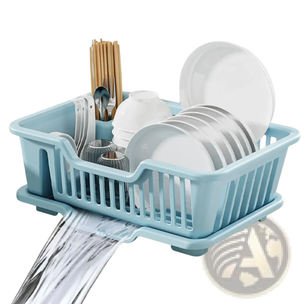 Light blue plastic dish drainer with vertical slats and built-in drip tray for countertop storage