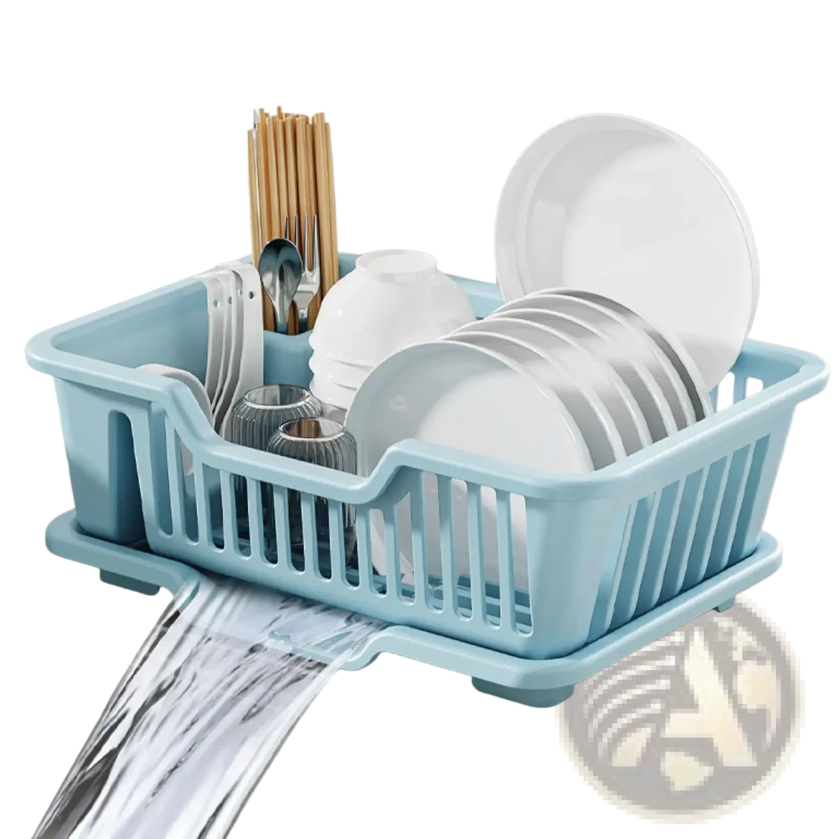Light blue plastic dish drainer with vertical slats and built-in drip tray for countertop storage