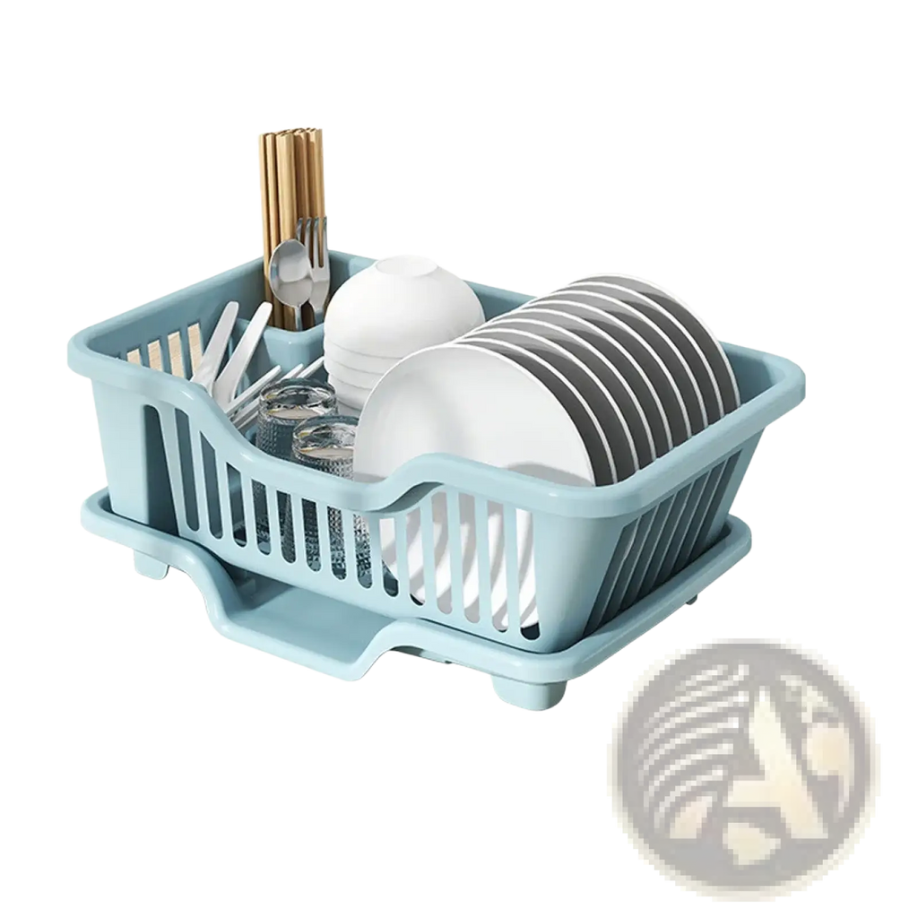 Light blue plastic dish drainer with slatted sides and base holding stacked white plates gray striped glassware and cutlery