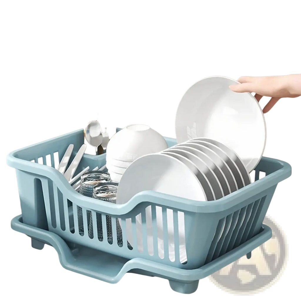 Light blue plastic dish drainer with vertical slats and molded feet for countertop storage and dish drying