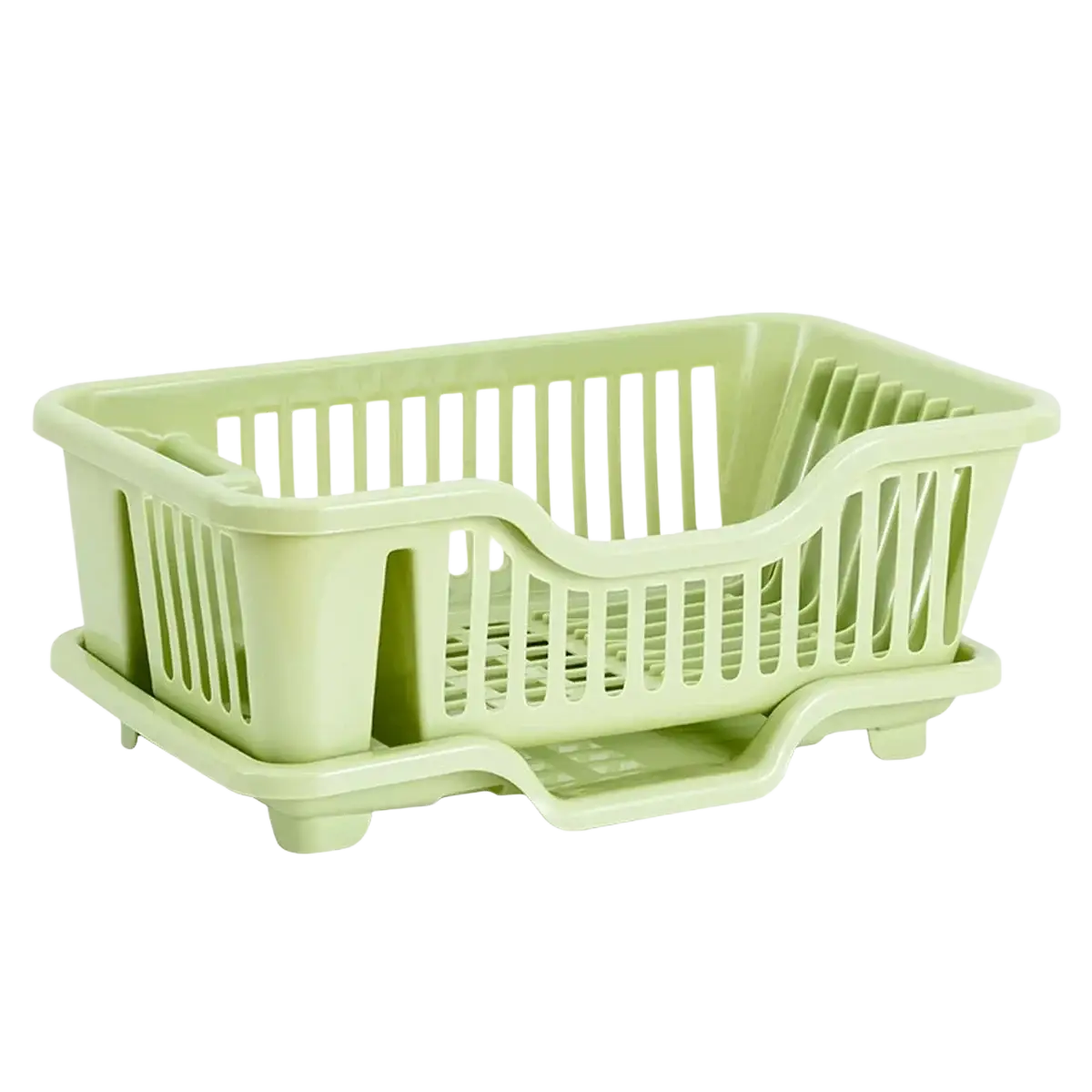 Light green plastic dish drainer with slatted design and integrated base for stability and countertop storage