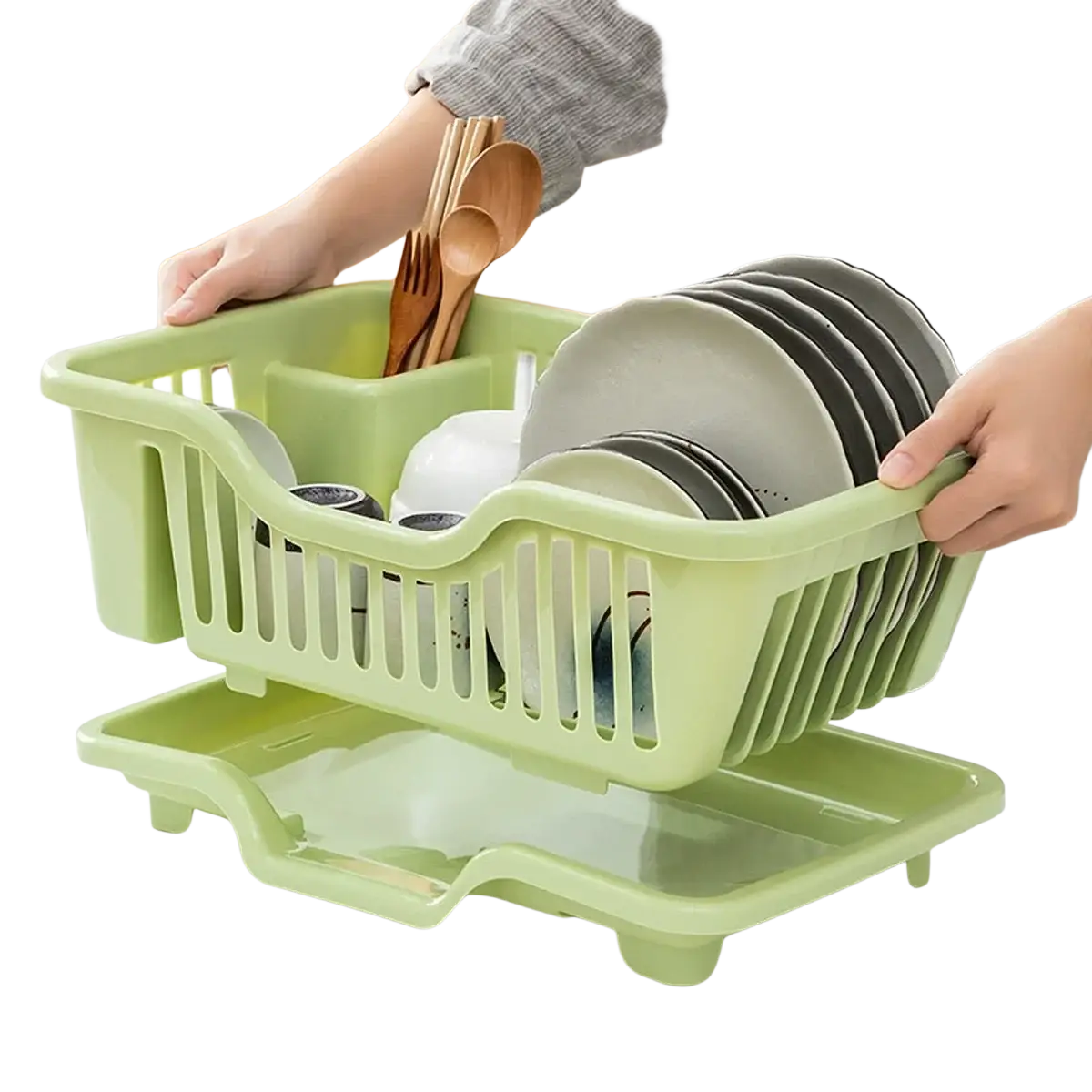 Light green plastic two-tier dish drainer with slatted design and integrated drip tray for countertop storage