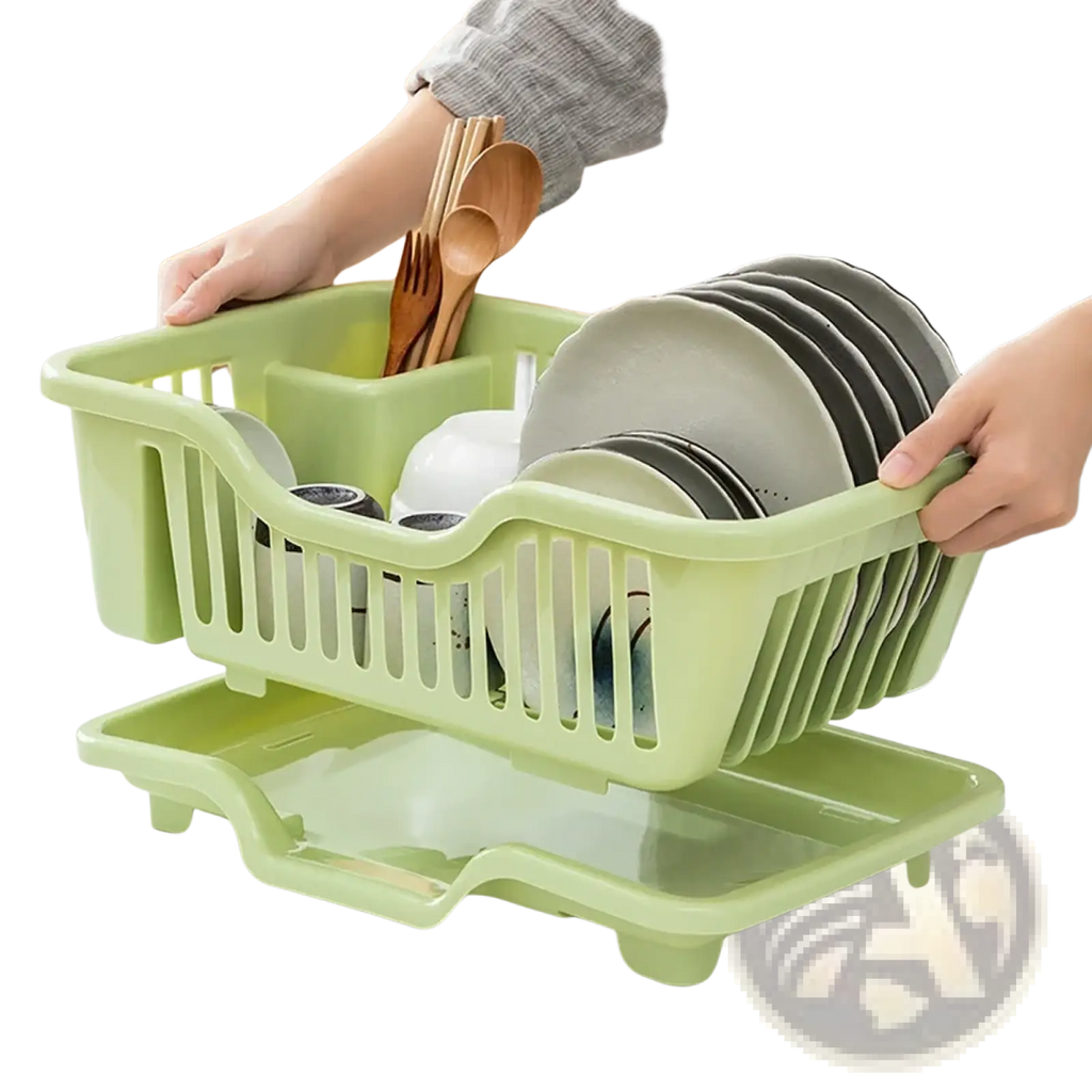 Light green plastic two-tier dish drainer with slatted design and integrated drip tray for countertop storage