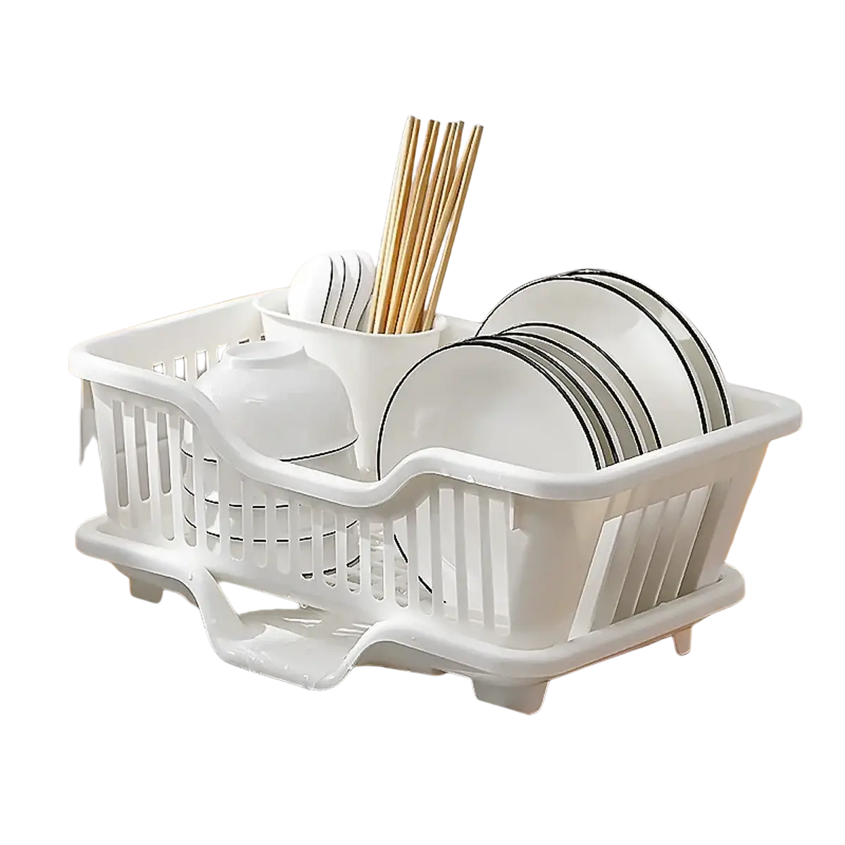 White plastic dish drainer with slatted design and integrated bowl holder for countertop storage and drying