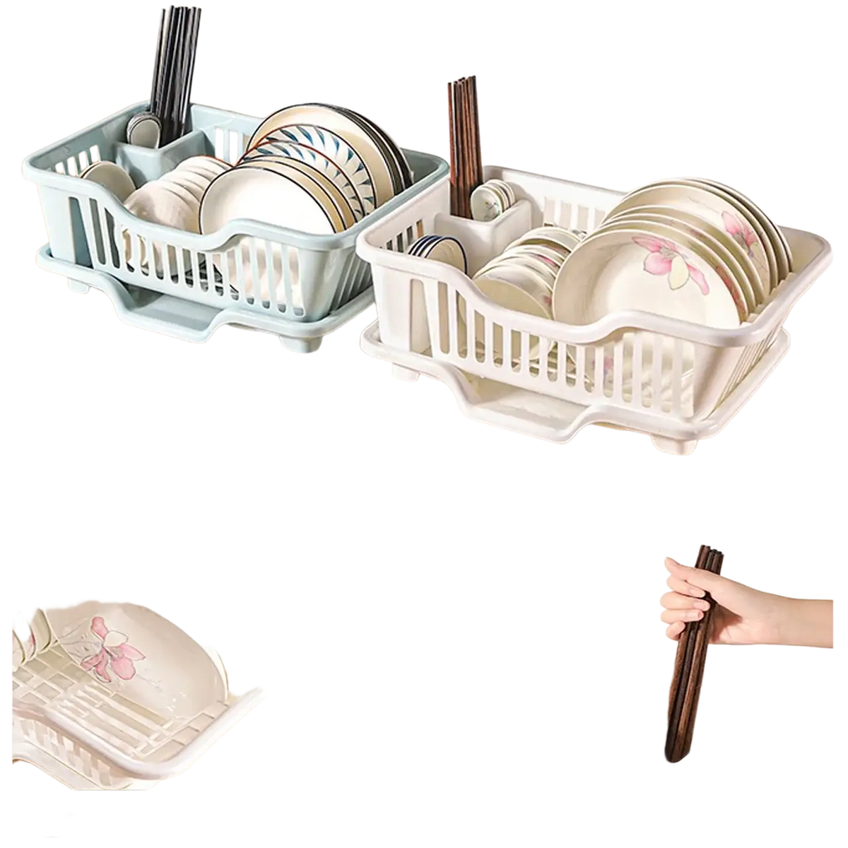 White plastic dish drainer with integrated compartments for bowls plates spoons and chopsticks for countertop storage