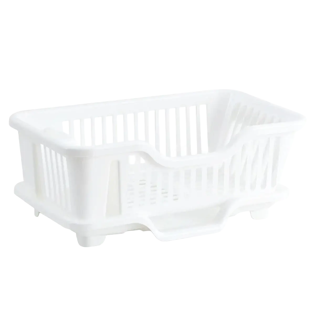 White plastic dish drainer with vertical slats and molded feet for countertop storage rack use