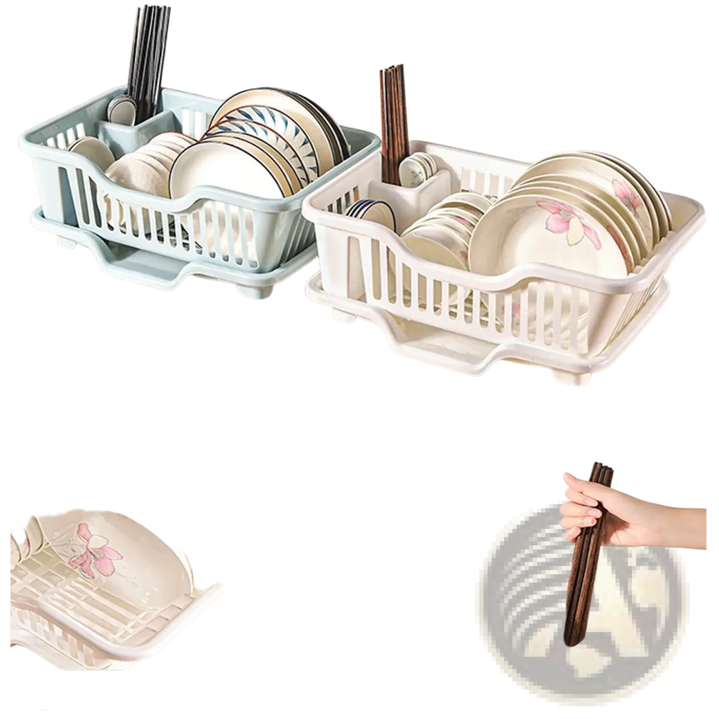 White plastic dish drainer with integrated compartments for bowls plates spoons and chopsticks for countertop storage