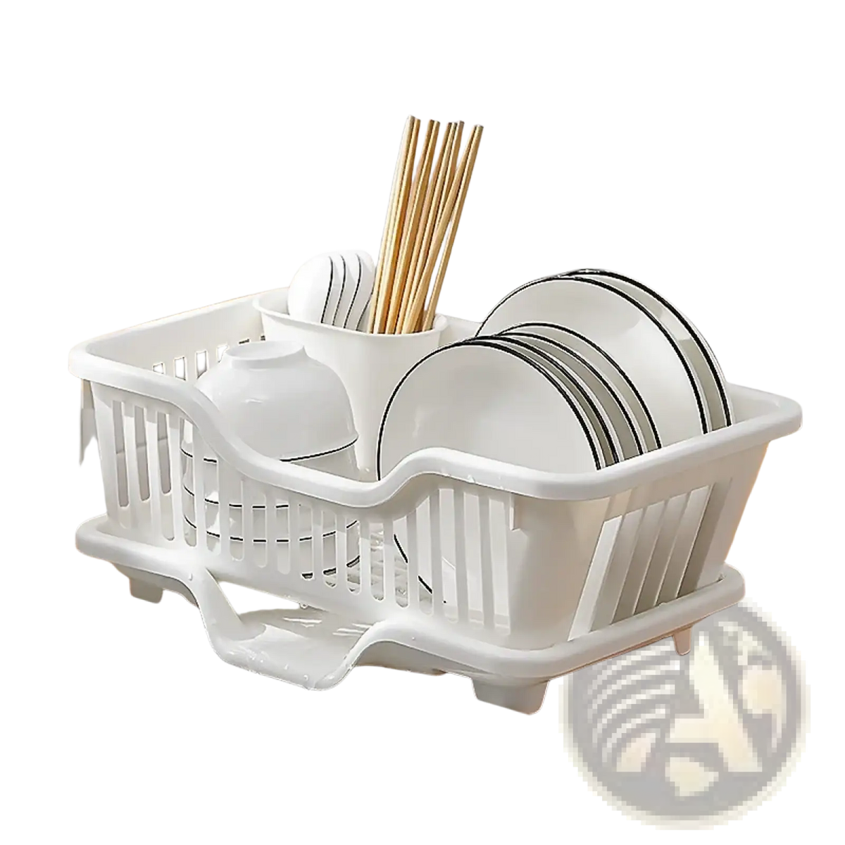 White plastic dish drainer with slatted design and integrated bowl holder for countertop storage and drying