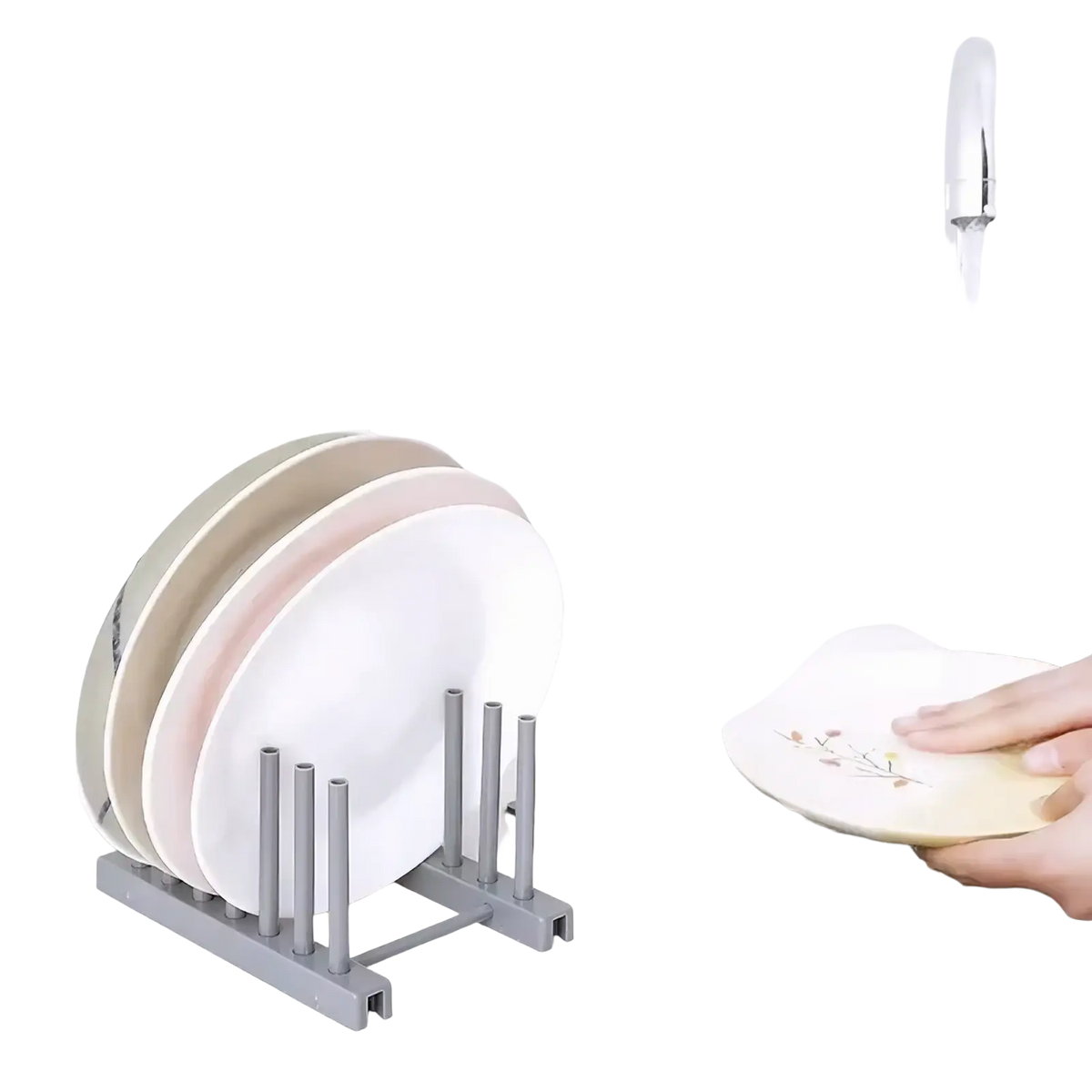 Gray plastic dish drying rack with vertical plate slots holding stacked plates for organized drying
