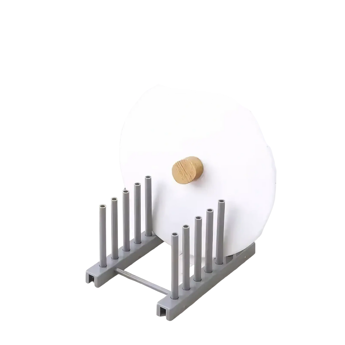 Gray plastic dish drying rack with vertical plate slots holding a white ceramic pot lid with wooden knob on top