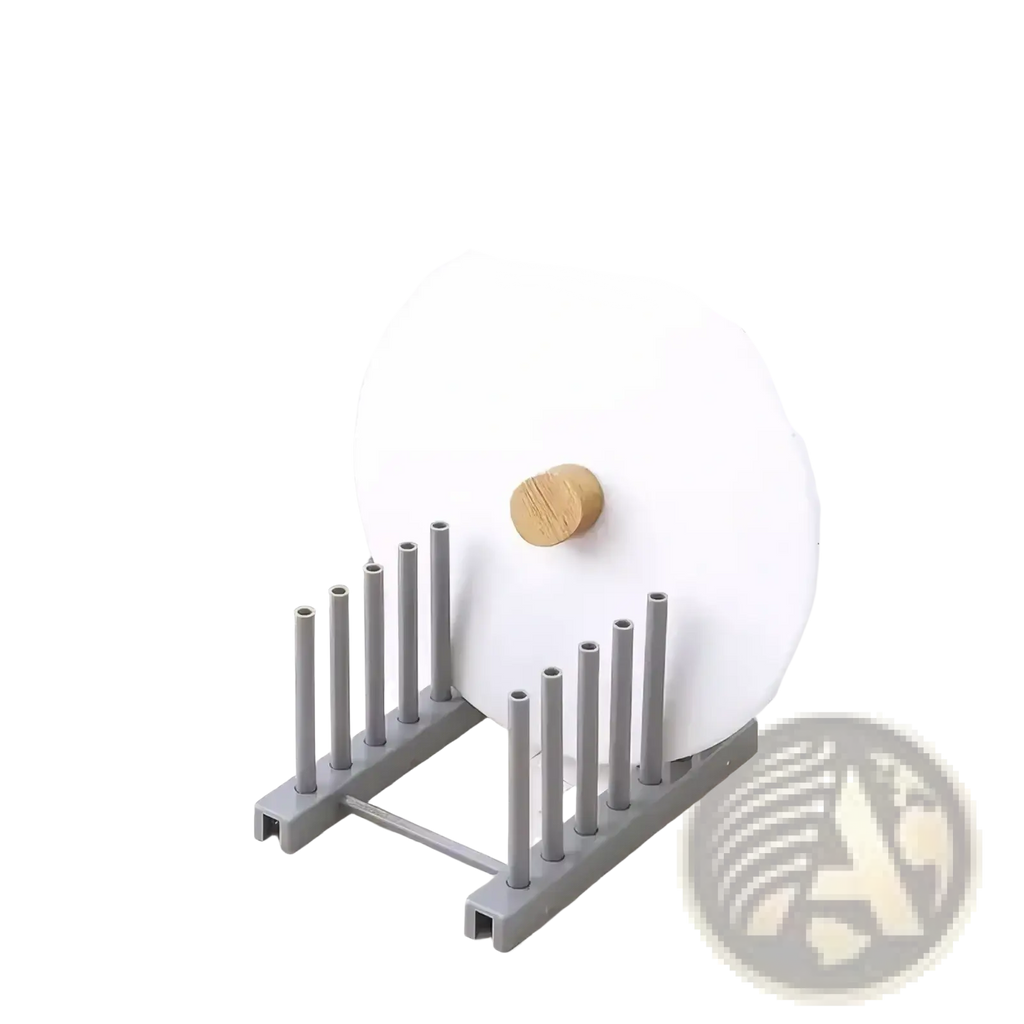 Gray plastic dish drying rack with vertical plate slots holding a white ceramic pot lid with wooden knob on top