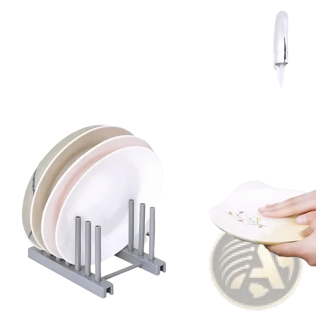 Gray plastic dish drying rack with vertical plate slots holding stacked plates for organized drying