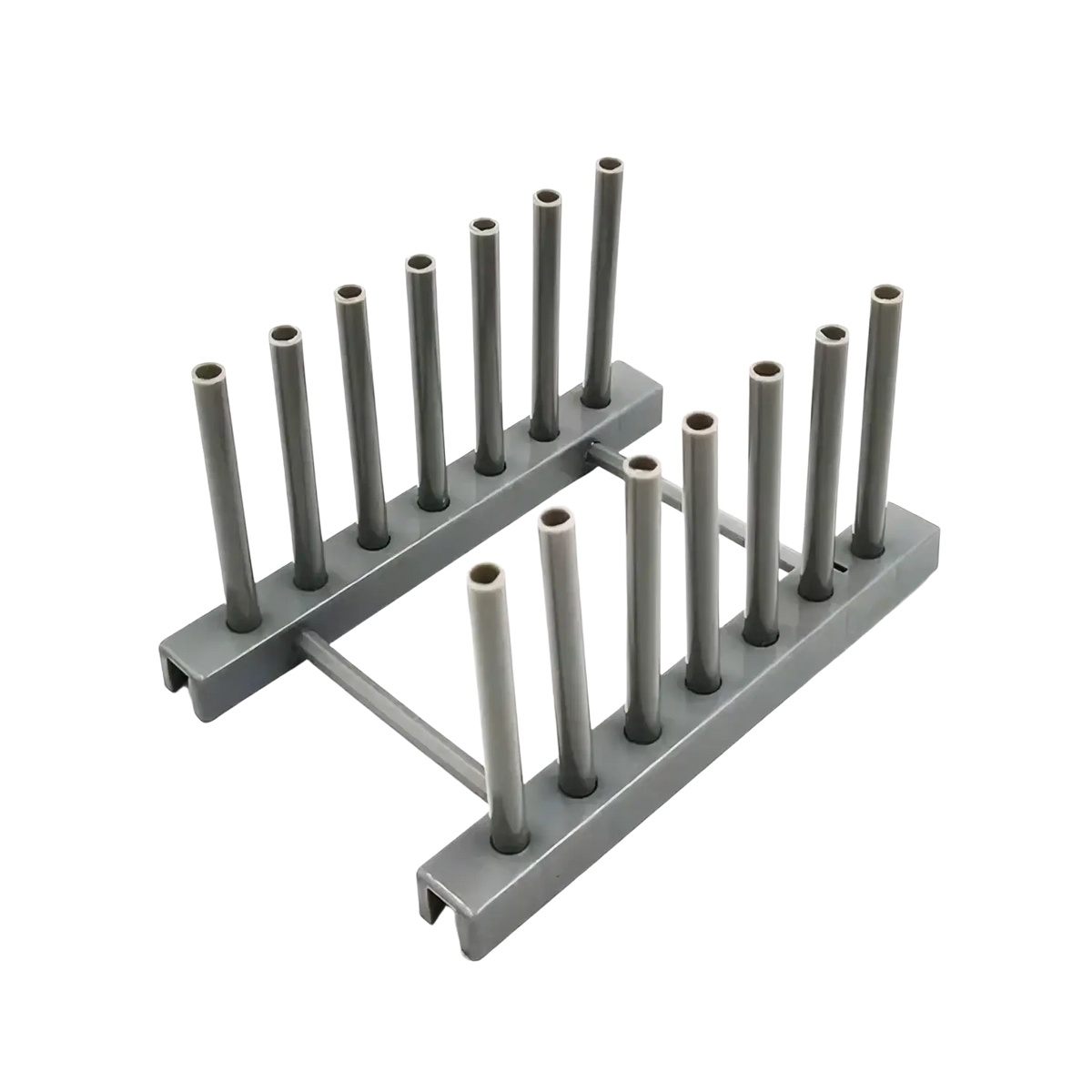 Gray plastic utensil holder with ten vertical slots for forks knives or spoons in a dish drying rack