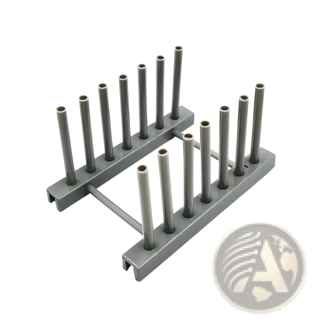 Gray plastic utensil holder with ten vertical slots for forks knives or spoons in a dish drying rack