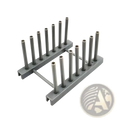 Gray plastic utensil holder with ten vertical slots for forks knives or spoons in a dish drying rack
