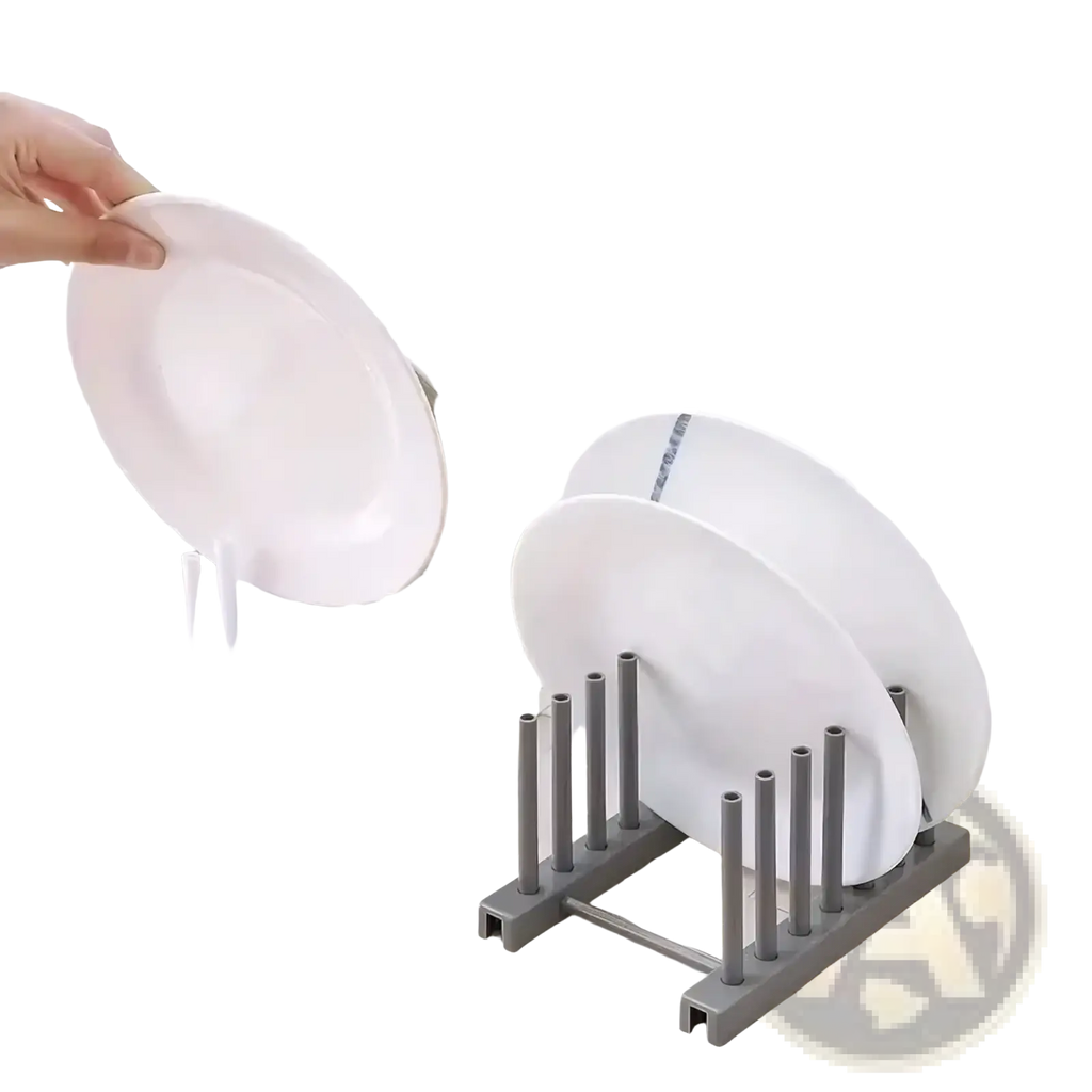 Gray and white plastic dish drying rack with vertical plate slots designed for efficient kitchen drying