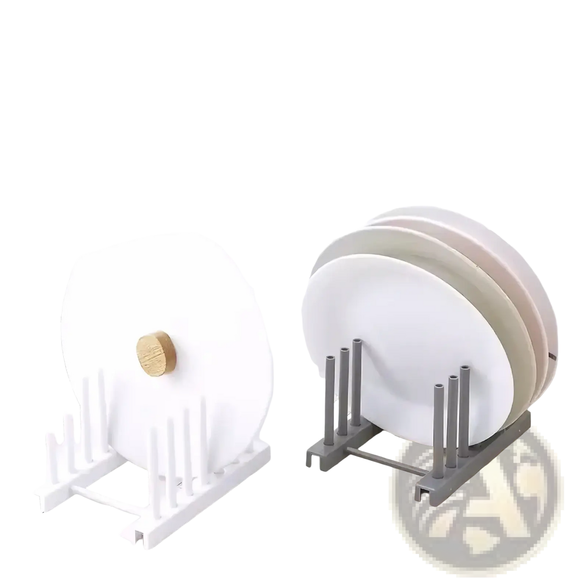 White plastic dish drying rack with vertical plate slots and a wooden knob on the front for organized drying