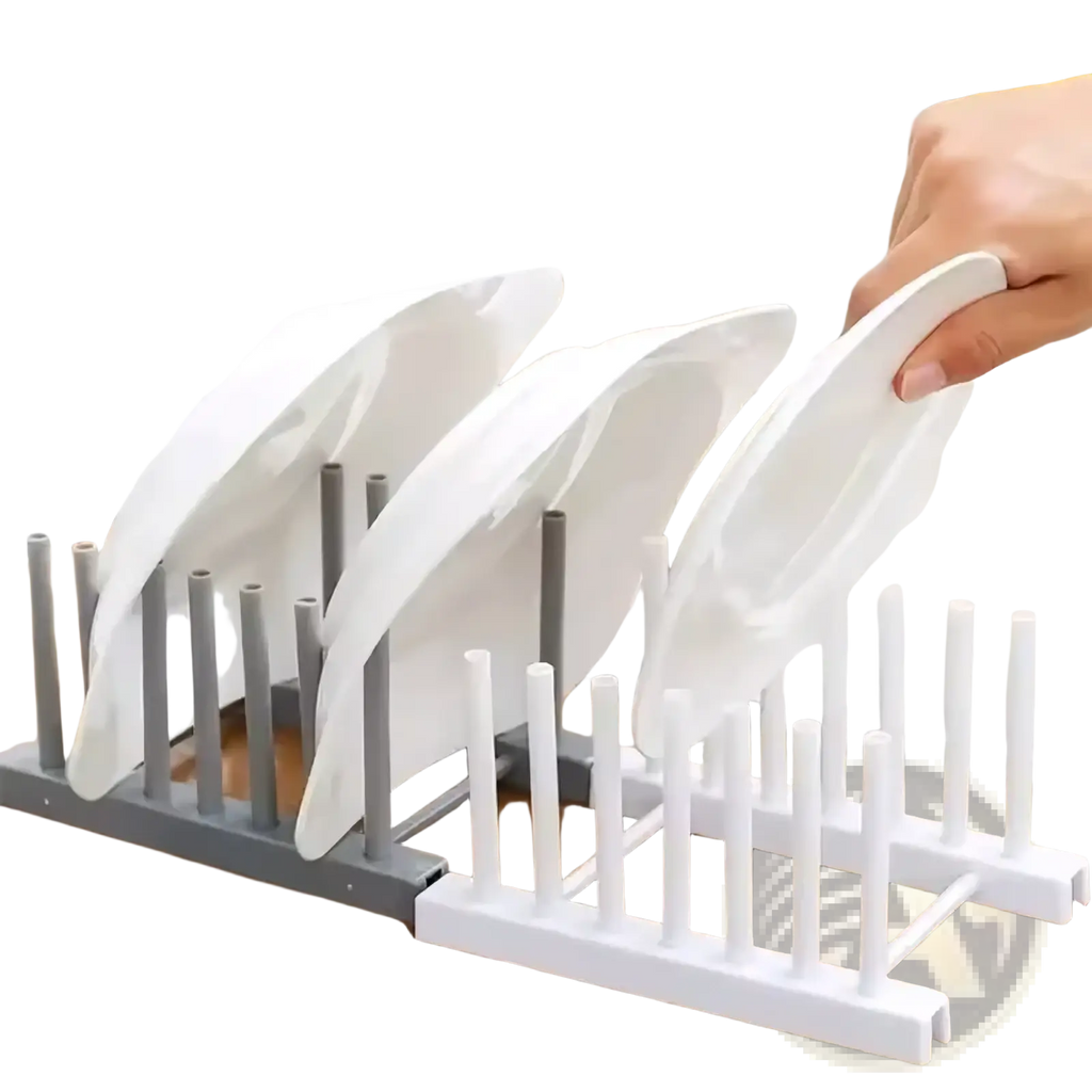 Plastic dish drying rack with vertical plate slots made of white and gray plastic for efficient dish organization