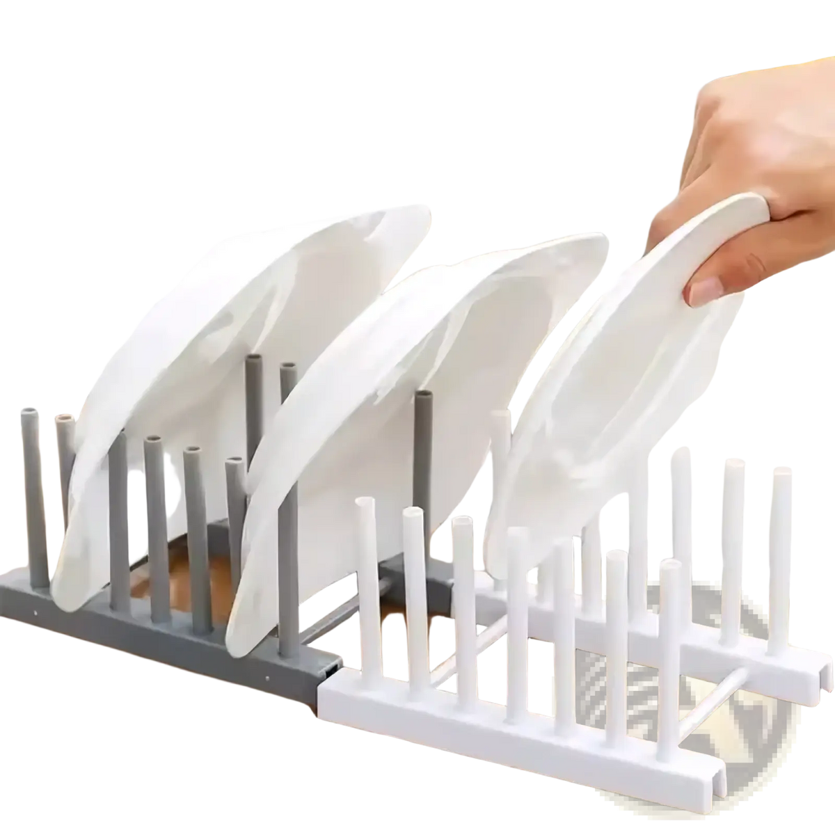 Plastic dish drying rack with vertical plate slots made of white and gray plastic for efficient dish organization