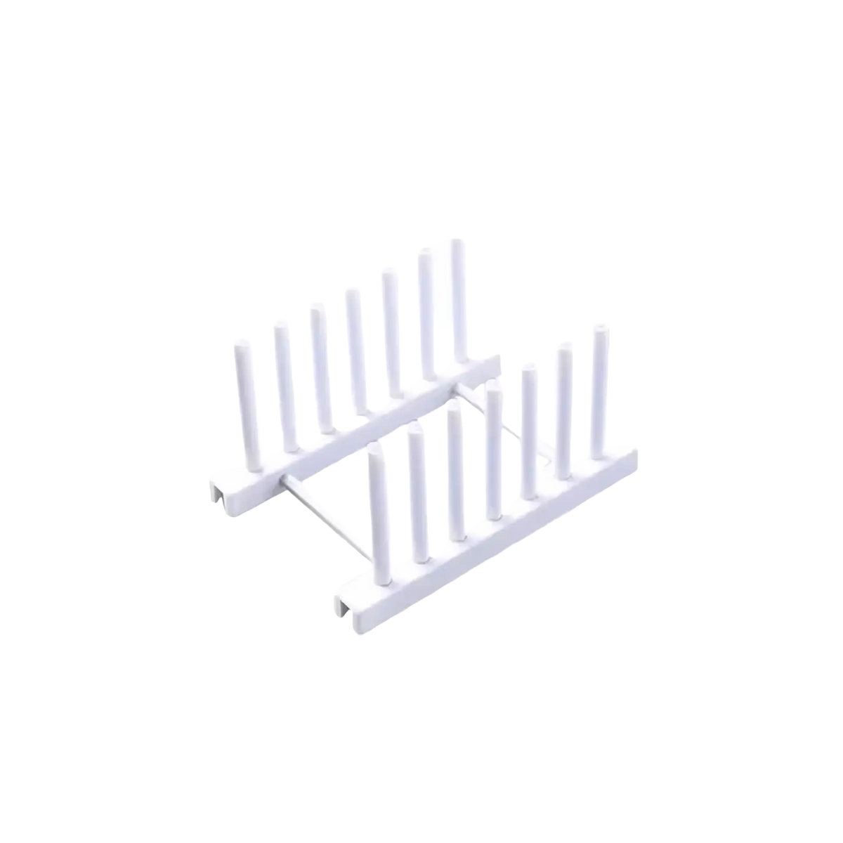 White plastic dish drying rack with ten vertical slots for organizing kitchen knives and plates