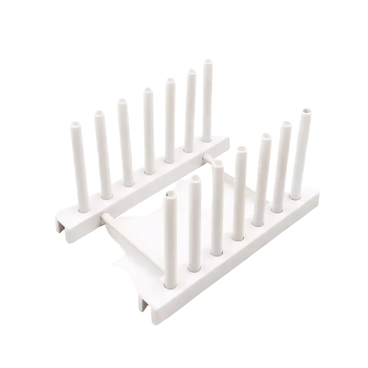 White plastic dish drying rack with ten vertical slots utensil holder for organized kitchen storage