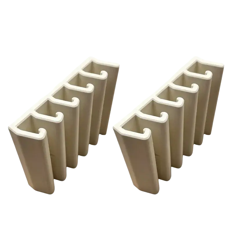 Beige ceramic c-shaped planters arranged in two rows on a plastic food container lid holder and under shelf rack