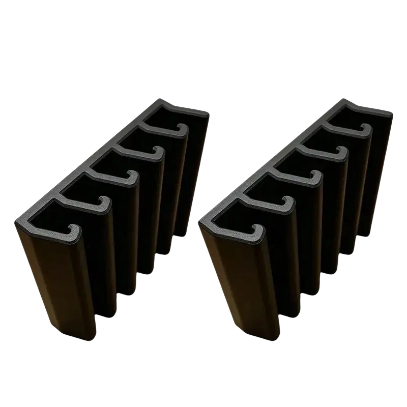 Black plastic u-shaped plastic food container lid holder with textured surface and curved ends for under shelf rack use