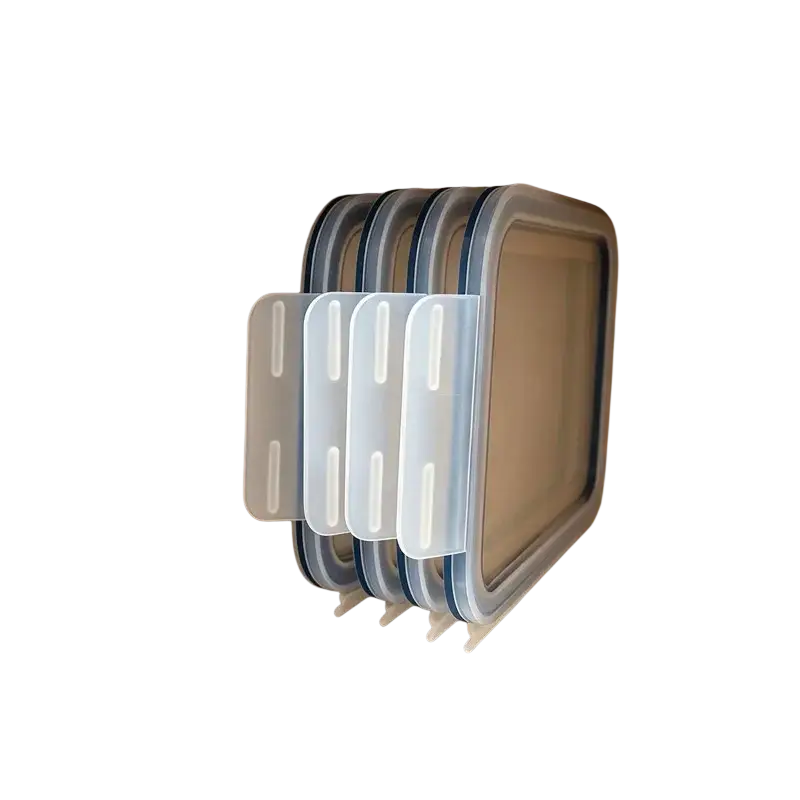 Clear and blue silicone-lidded plastic food containers neatly organized in a wooden plastic food container lid holder and under shelf rack