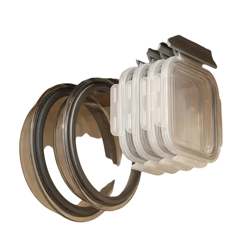 Gray plastic under shelf rack and food container lid holder organizing clear glass and transparent plastic containers