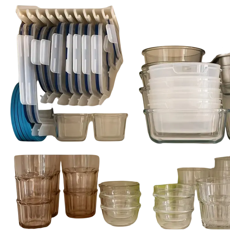 White and blue plastic food container lid holder and under shelf rack storing multiple lids in a kitchen setting