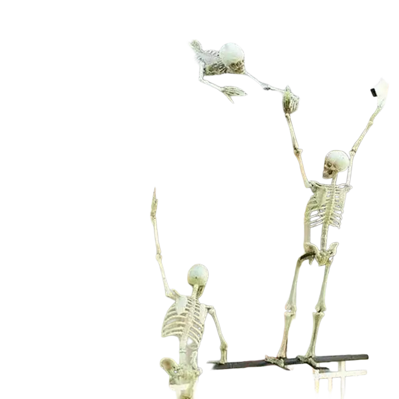 Three beige plastic halloween skeleton decorations posed playfully on a house porch and roof