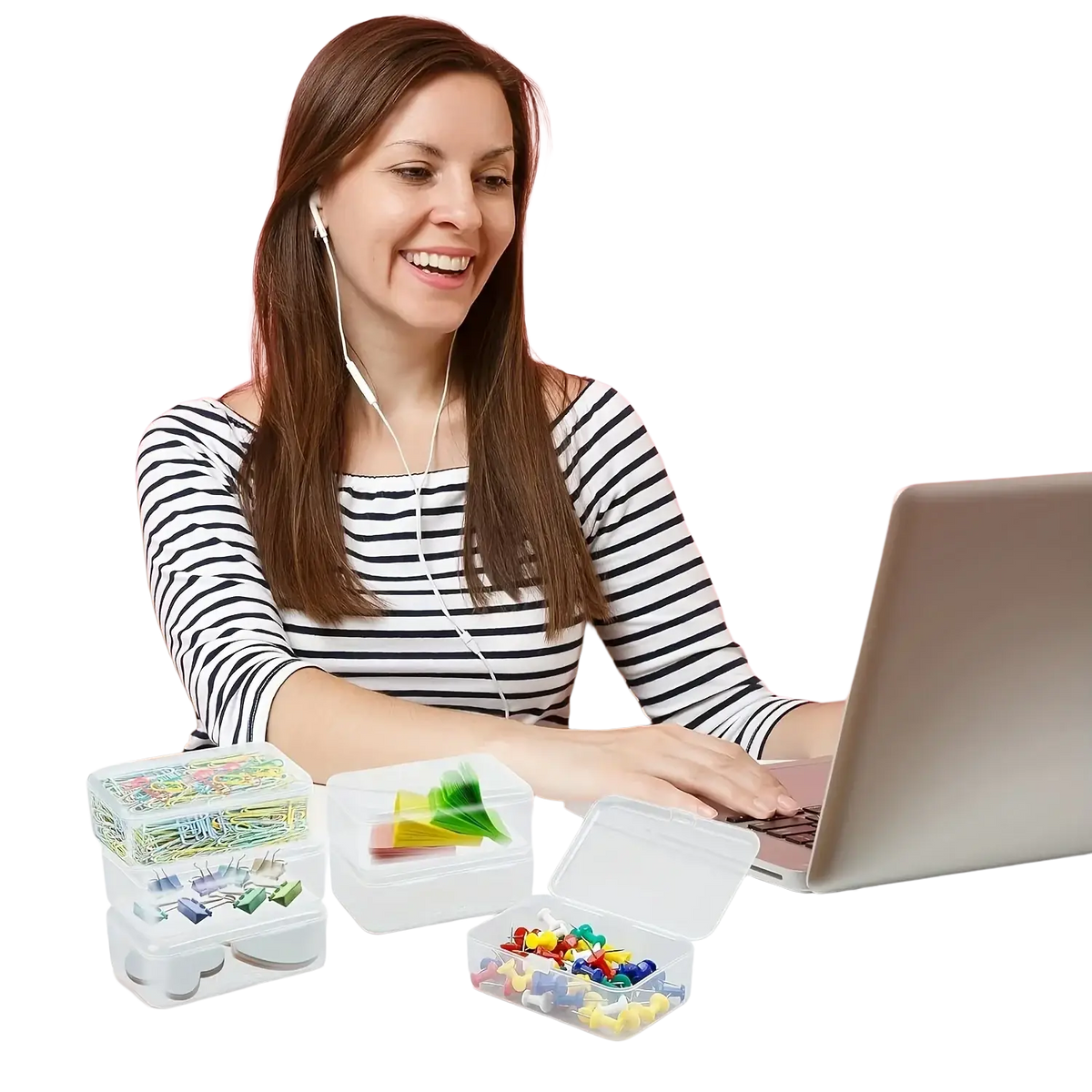Plastic storage boxes 6-pack clear containers with colorful paper clips and binder clips inside for organized storage