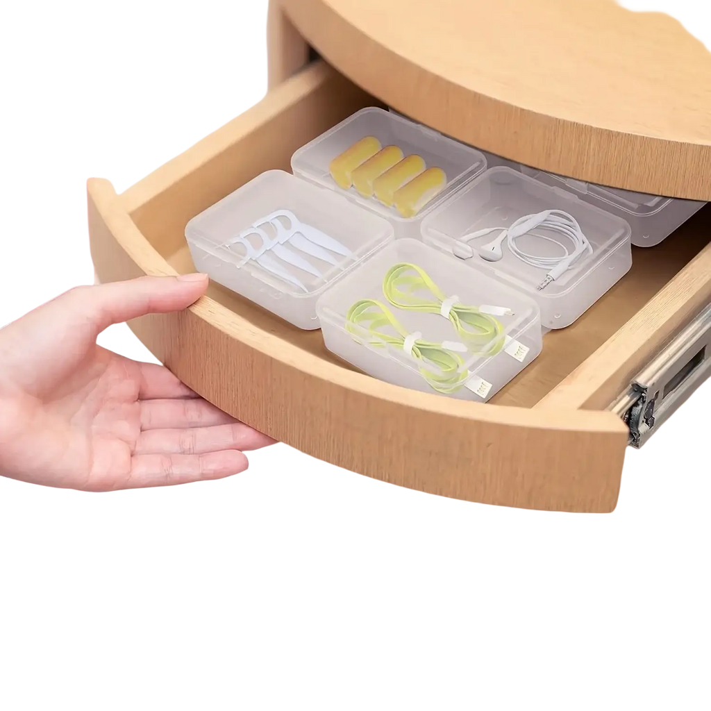 Transparent plastic storage boxes with four compartments organizing small electronics in clear plastic storage containers