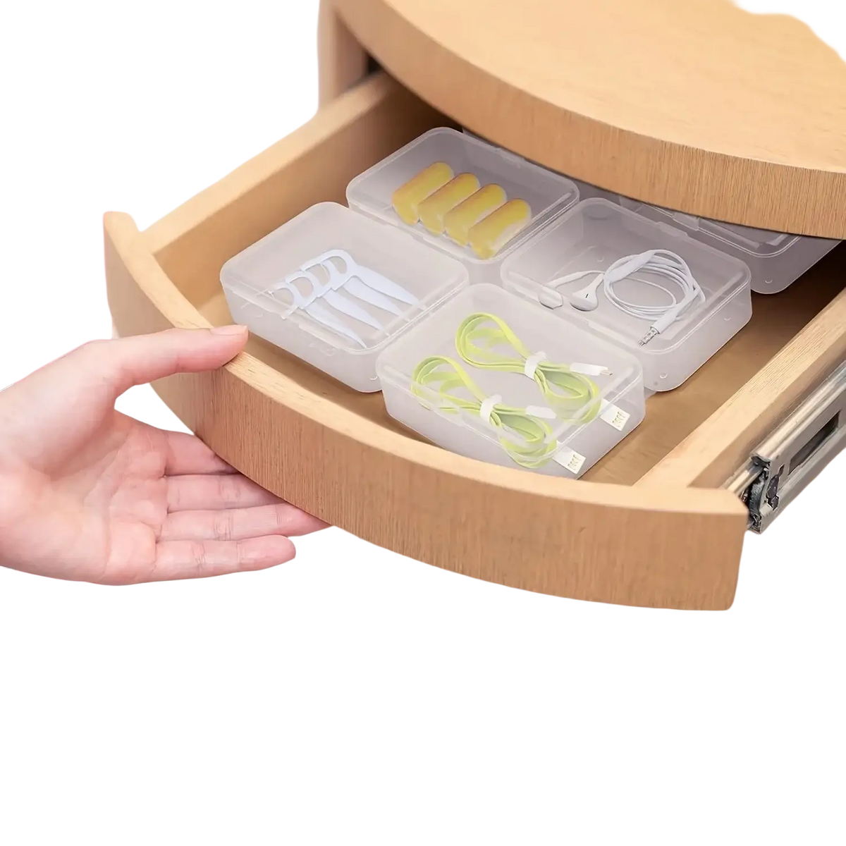Transparent plastic storage boxes with four compartments organizing small electronics in clear plastic storage containers