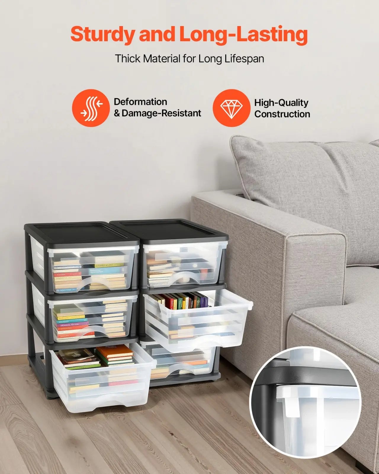 Plastic storage drawers 2 pack with 6 clear drawers black lids and gray bases stacked in a three tiered organizer unit